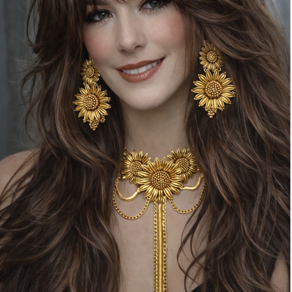 Antique Gold Sunflower Choker Necklace & Earrings Set Statement Set